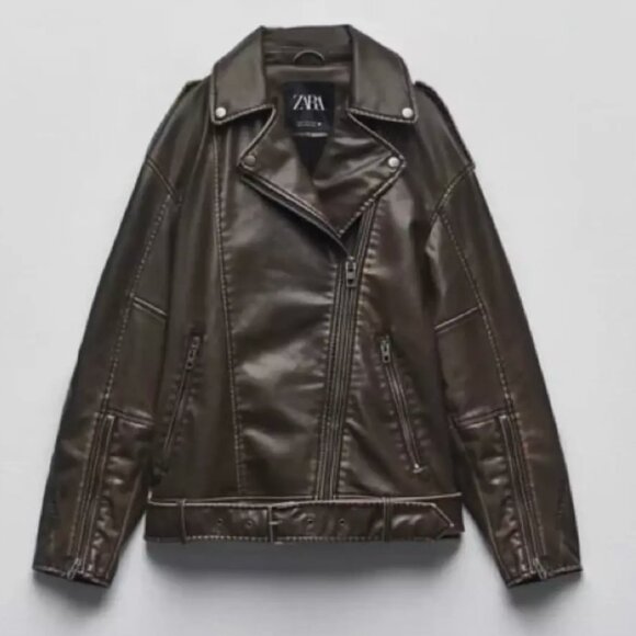 Zara Jackets & Blazers - Zara Women XL Faux Leather Distressed Biker Jacket Charcoal Vegan Motorcycle